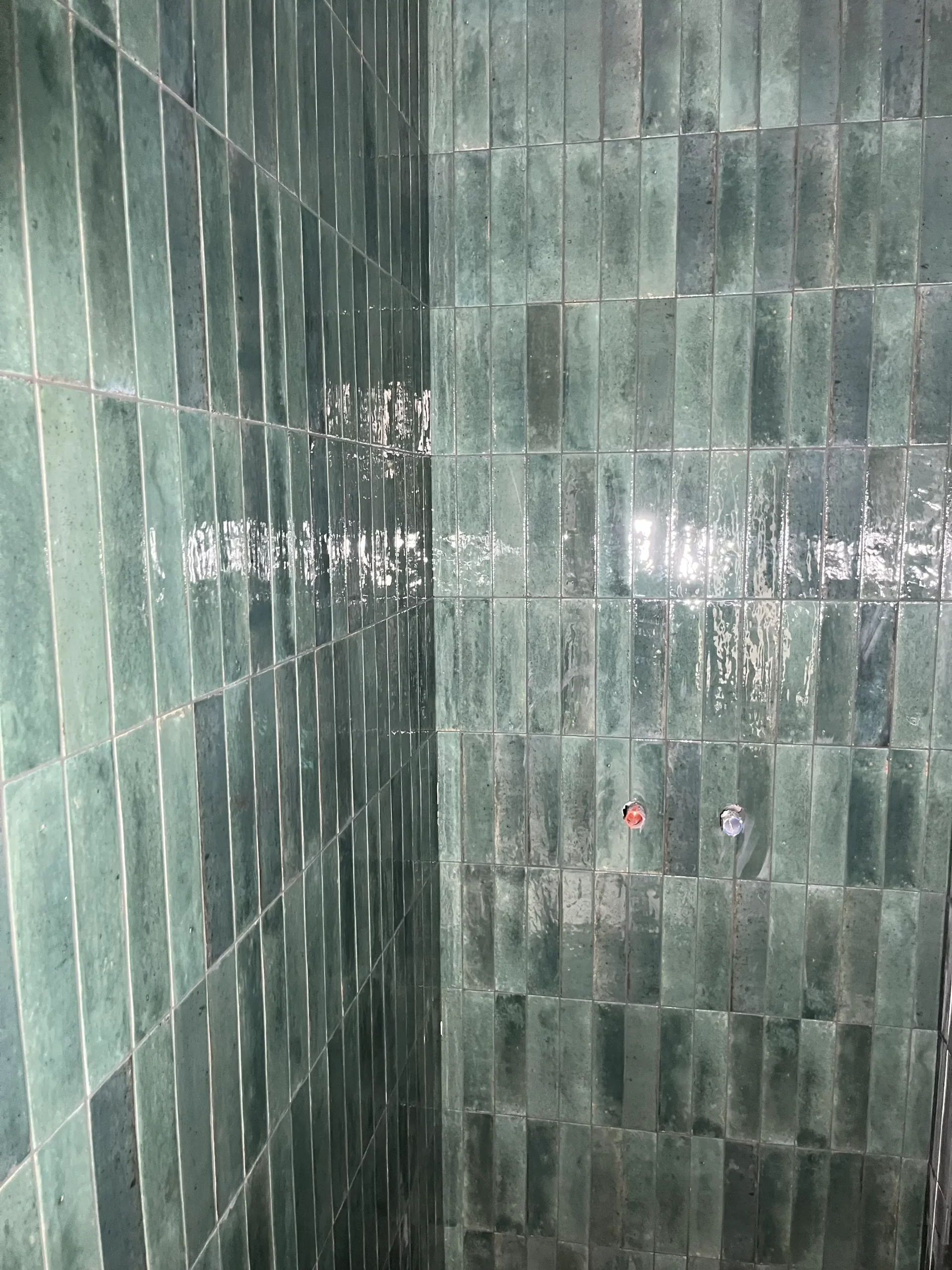 Donkergroen betegelde douche